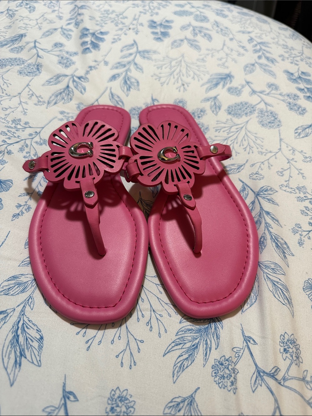 Coach Pink Floral Cutout Thong Sandals